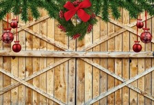 10' X 8' Christmas Wood Barn Doors Photography Backdrop Ornaments Wreath Bow