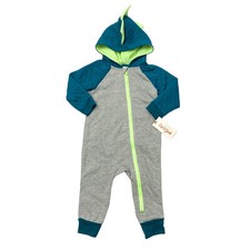 Cat & Jack Baby Boy Size 12M Hooded One Piece Dinosaur Heather Gray/Teal