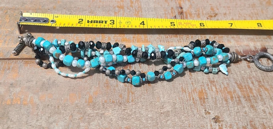 Pulseira alternada turquesa falsa pérola frisada e preta facetada com miçangas multi vertente - Imagem 3 de 4