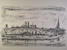 Original Lithographie, Lübeck, Blick von Marli auf Lübeck. Signiert. Matthias Ma
