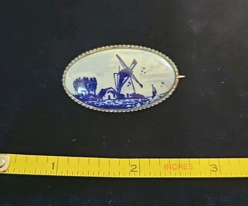Antique Vintage Dutch Oval Delft Windmill Pottery 835 Silver Brooch Pin #10 - Picture 2 of 7