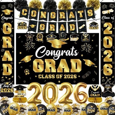 Black and Gold Graduation Party Decorations Kit 2026, Congrats Grad Banner, Back