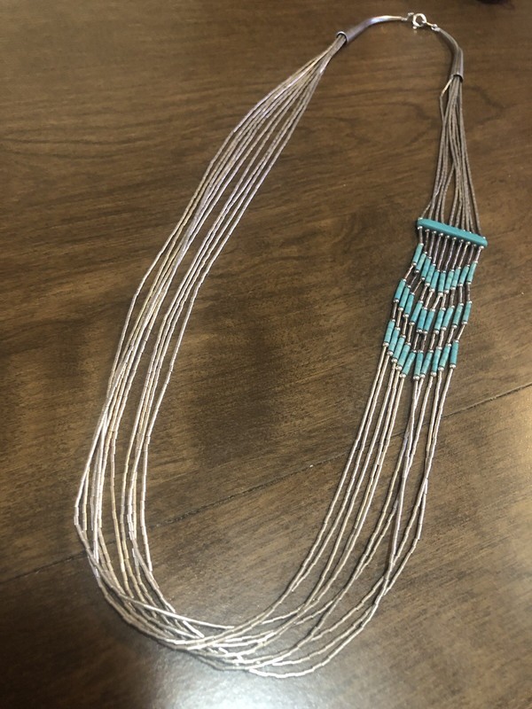 Vintage Native American Sterling Ten Strand Liquid Silver and Turquoise Necklace