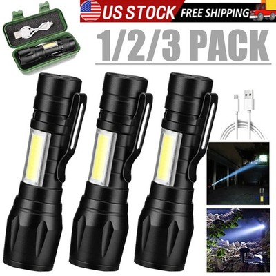 3pcs Mini Pocket LED Flashlight Rechargeable High Lumen Strong Light Zoom Outdoo