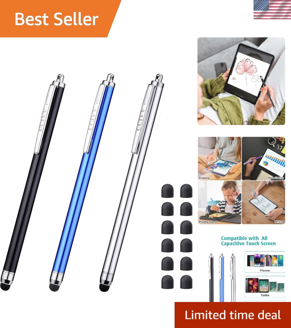 Luxury 3-Pack Stylus Pens for Touch Screens – 0.24” Tips + 12 Replacement Tips