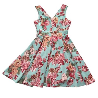 Vintage Haute Monde Sweet Day Party Floral Flare Dress Pleated V Neck Size M