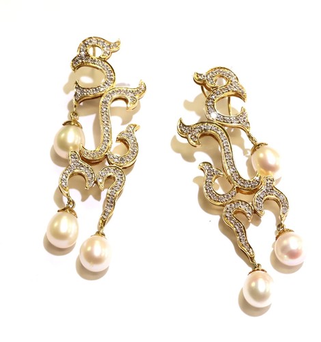 18k yellow gold .75ct SI1 H diamond pearl dangle earrings 28.3g long big estate - Picture 10 of 11