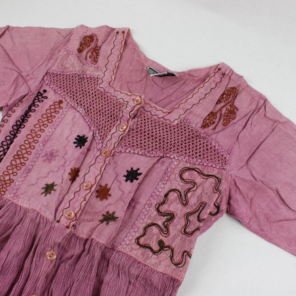 M.P.H Robe Longue Maxi Bohème Vintage 90s Rose Mauve Brodée Taille M - Photo 3/4
