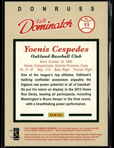 Yoenis Cespedes 2014 Donruss #13 Elite Dominator Series 1 Oakland Athletics - Picture 2 of 2