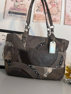 Coach F15439 Signature Patchwork Gallery Tote Shoulder Bag Gray