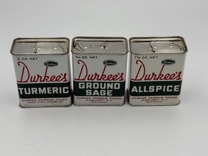 3 Glidden DURKEE’S Empty Spice Tins Turmeric, Ground Sage & Allspice Oz’s Vary