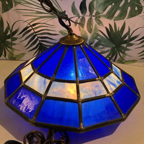 VTG UFO Tiffany Style MCM Blue Marbled Leaded Glass Slag Hanging Dome Lamp