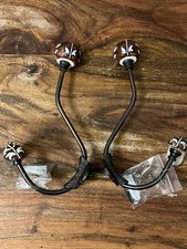 2x METAL CERAMIC DOUBLE HAT AND COAT HOOKS 7” BROWN WHITE FLOWERS NEW