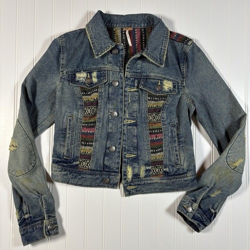 Free People Distressed Boho Denim Jacket w/ Tapestry Women's Sz 0 - Picture 1 of 11