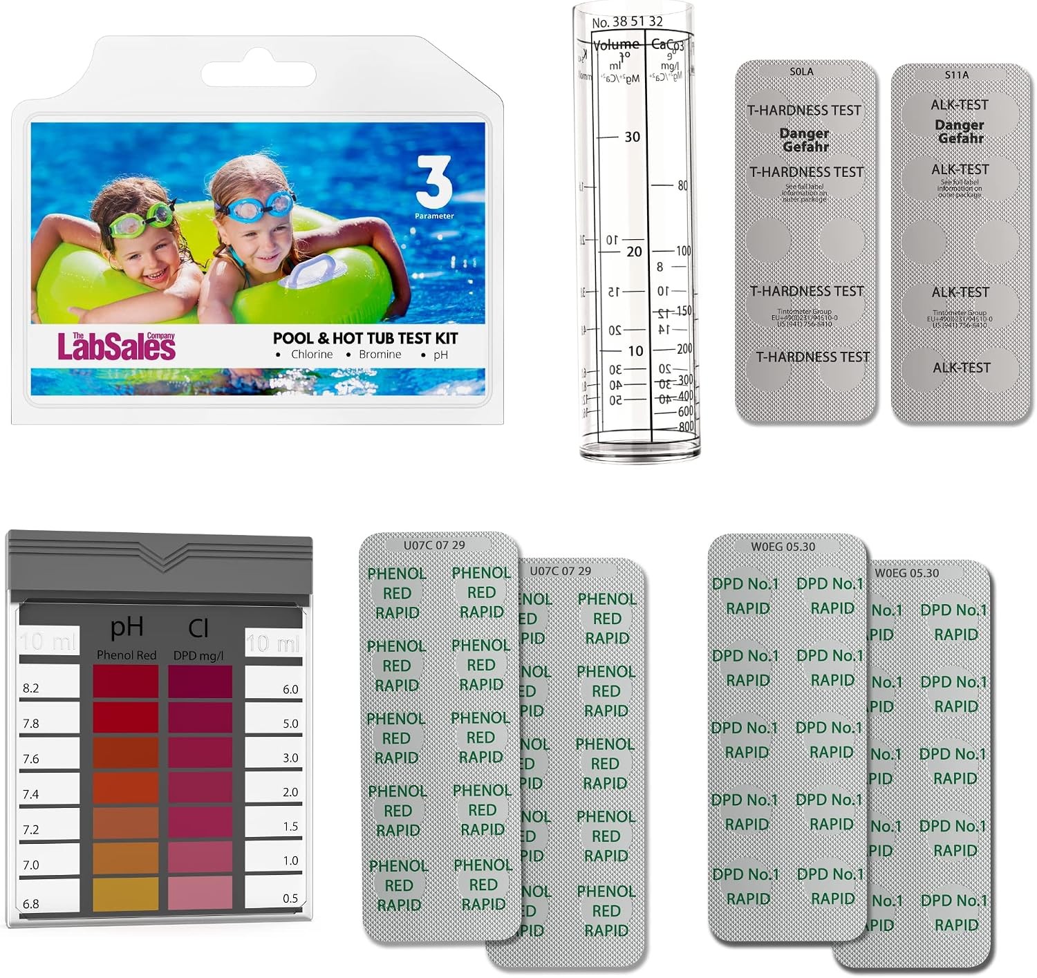 Pool Hot Tub Spa 5-in-1 Water Test Kit pH Chlorine Bromine Alkalinity Hardness