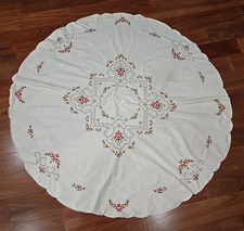 Round Cotton Tablecloth 64" Cross Stitch Embroidery Roses & Drawn Thread Work