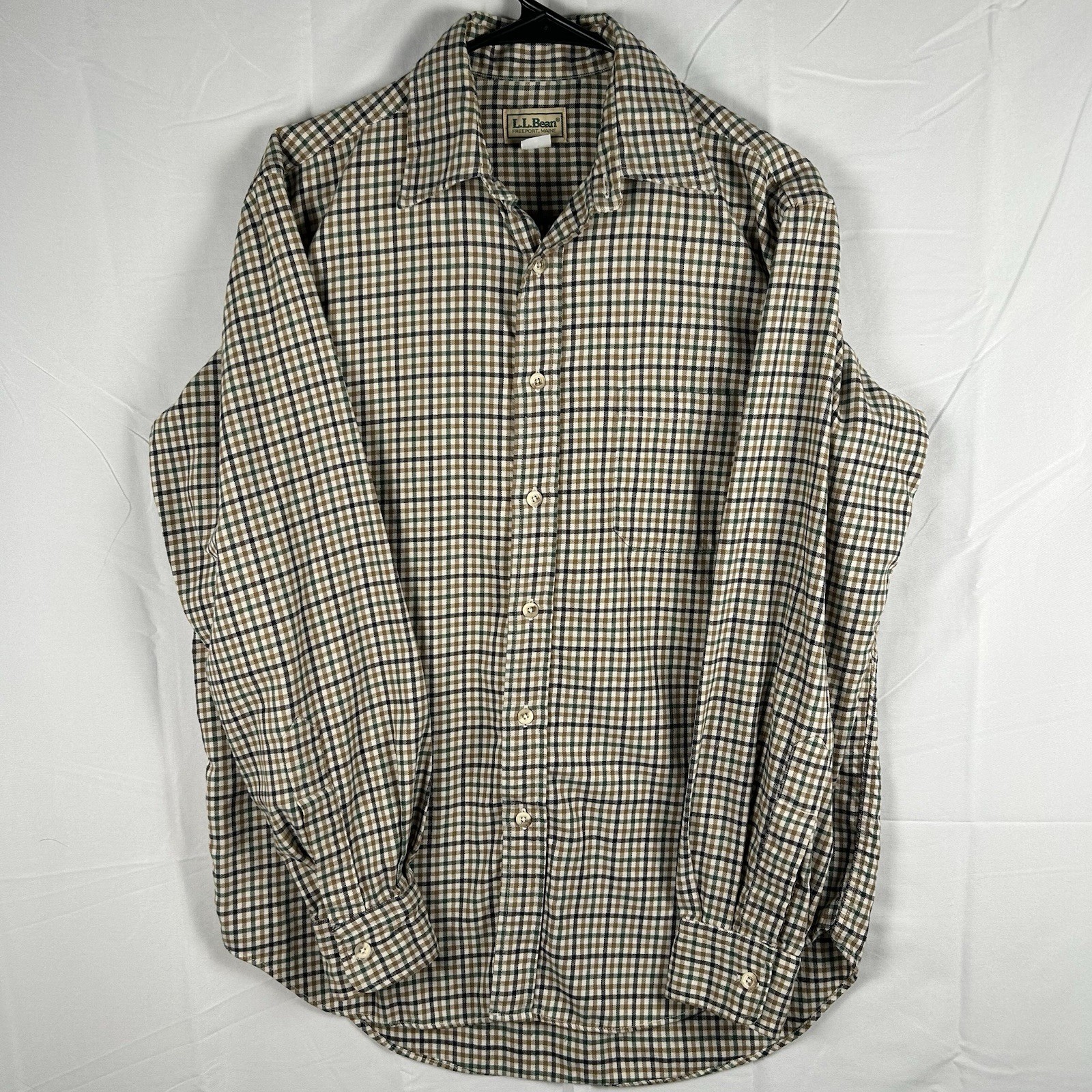 Vintage LL Bean Lightweight Flannel Shirt Mens Medium Plaid Long Sleeve Tan