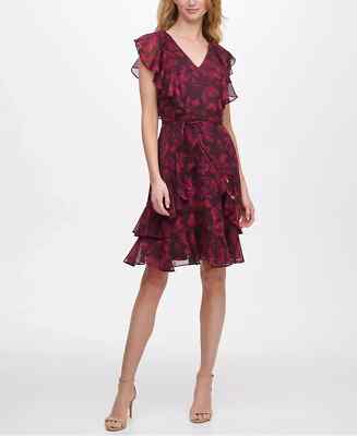 sachin and babi light blue dress Tommy Hilfiger Chiffon Blue Floral Flutter Sleeve Fit & Flare Dress Size 14 main image 1