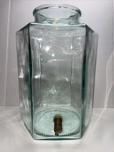 Italian Hexagonal Water Dispenser 4 Gal Green Tinted Glass Brass Spigot Vintage
