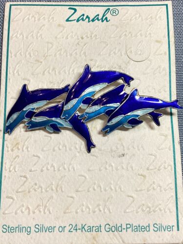 Zarah Sterling Silver Enamel Jumping Dolphins Brooch - Picture 1 of 9
