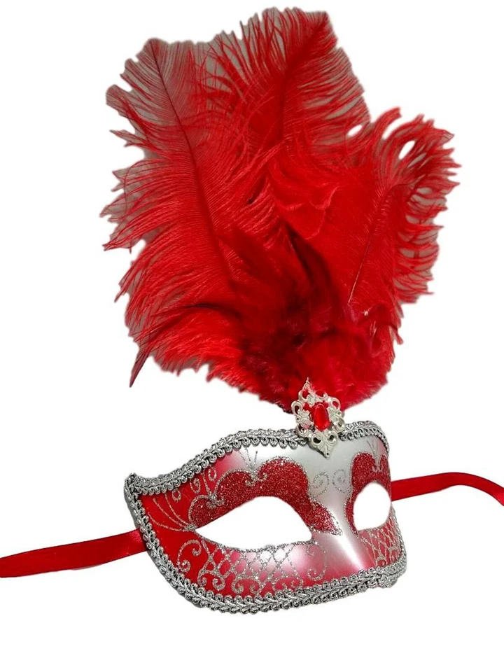 Red Silver Venetian Mask Feather Masquerade Mardi Gras 12" New - Image 2 of 2