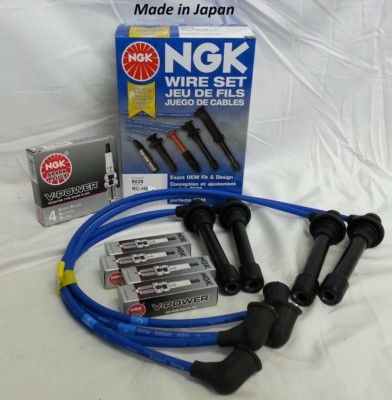NGK Japan Blue Plug Wire Set HE82 + NGK V-Power Spark Plugs (FOR Acura Integra)