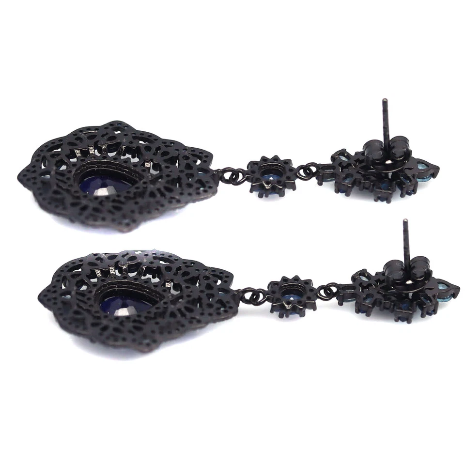 Pendientes Black Friday de plata de ley 925 recubiertos de oro negro zafiro azul Foto 3 de 4
