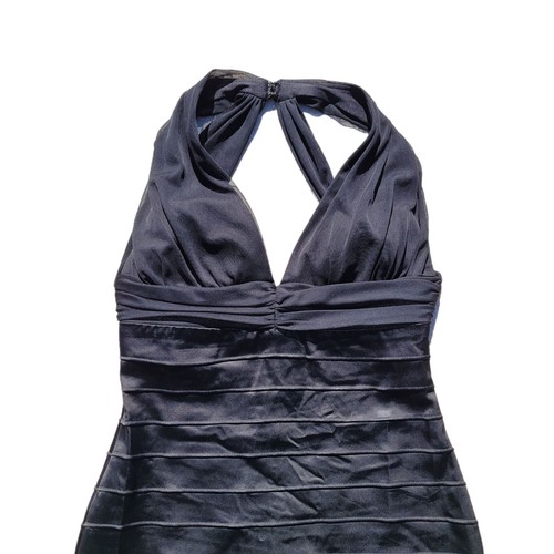 Vintage 80s Plunging Chiffon Halter Strappy Back Bodycon Dress 10 Black Cocktail - Picture 4 of 12