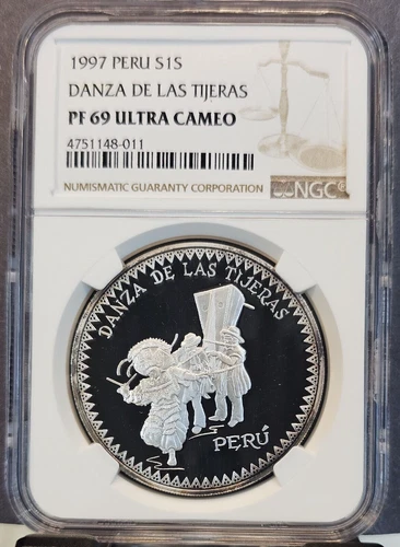 1997 PERU SILVER 1 SOL S1S DANZA DE LAS TIJERAS NGC PF 69 ULTRA CAMEO