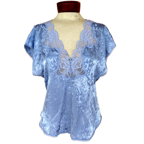 Talbots Gr. M Kurzarm Satin Top Bluse Tunika Shirt Paisley Jacquard Spitze Vintage - Bild 1 von 5