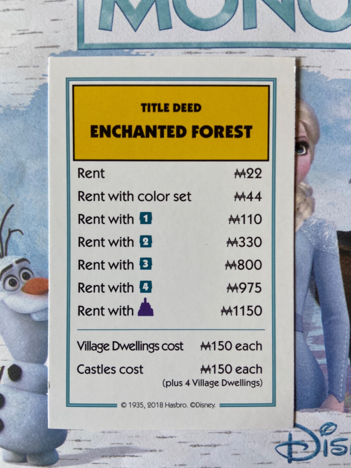 Disney Frozen Monopoly Enchanted Forest Yellow Title Deed Card Game Piece Part