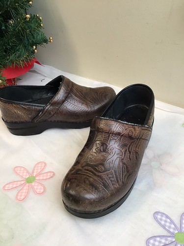 Dansko Brown Tooled Leather Clogs Size 
