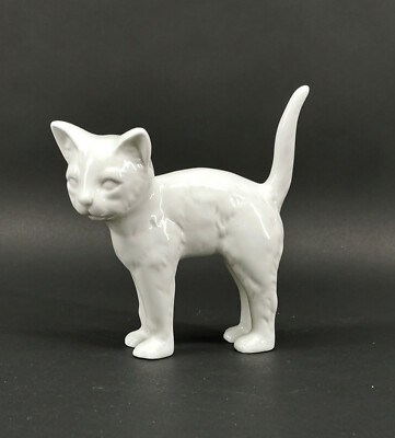 9924068-d Porcelain Figurine Cat White Wagner&Apel Thuringia Height 4 11/16in