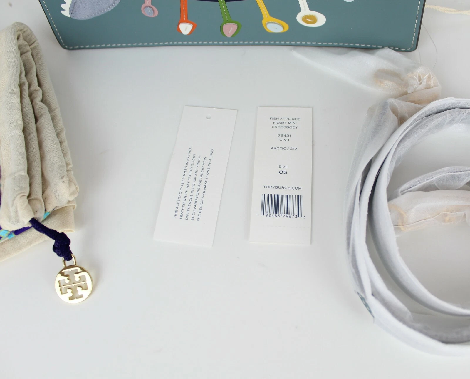 WANDLER Mini borsa a tracolla nuova con etichette TORY BURCH Fish appliqué Frame colore: Artico prezzo al pubblico consigliato $598