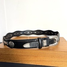 Tony Lama Black Leather Western Concho Belt with Artesania Mex 925 Silver Buckle