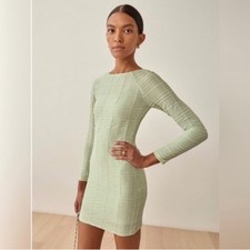 Reformation Dee Dress Mint Green Textured Long Sleeve Mini Size L NWT