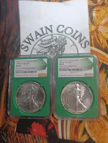 1986 S & 1987 S American Silver Eagle NGC MS69 (Green Core)  ER110-113