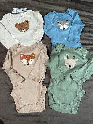 4 Pack Long Sleeve One Piece With Snaps Baby Animals Bear, Raccoon, Fox & Deer