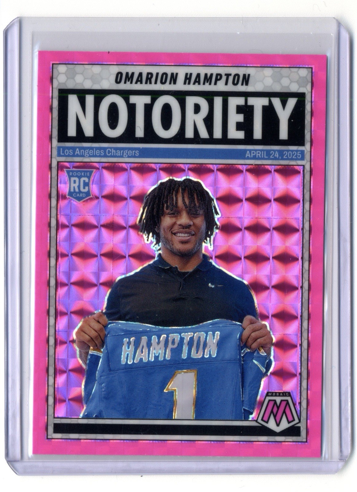2025 Panini Mosaic - Notoriety Omarion Hampton #20 Mosaic Pink Fluorescent Prizm