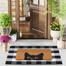 Welcome Door Mat Combo Set Plaid 28x43 And Cat 17x30 Inch Front Porch 2 PCS