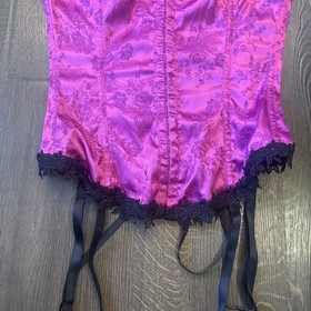 Frederick's of Hollywood Fuschia Black Lace Trimmed Corset Lingerie 36 Sexy
