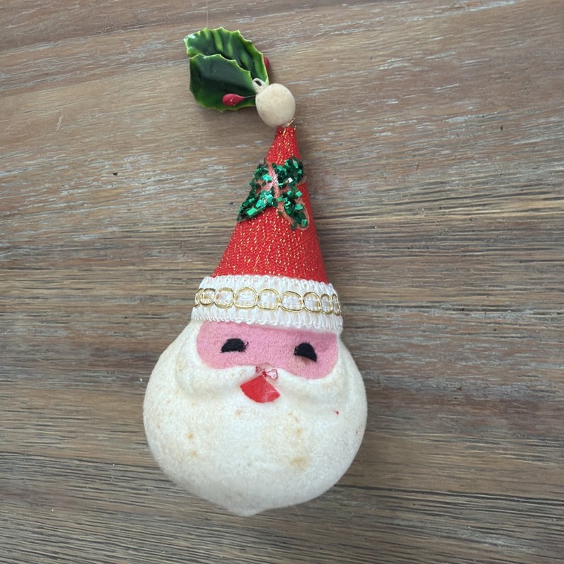 Vtg Santa Claus Face Head Christmas Ornament Flocked Styrofoam & Sequins Japan