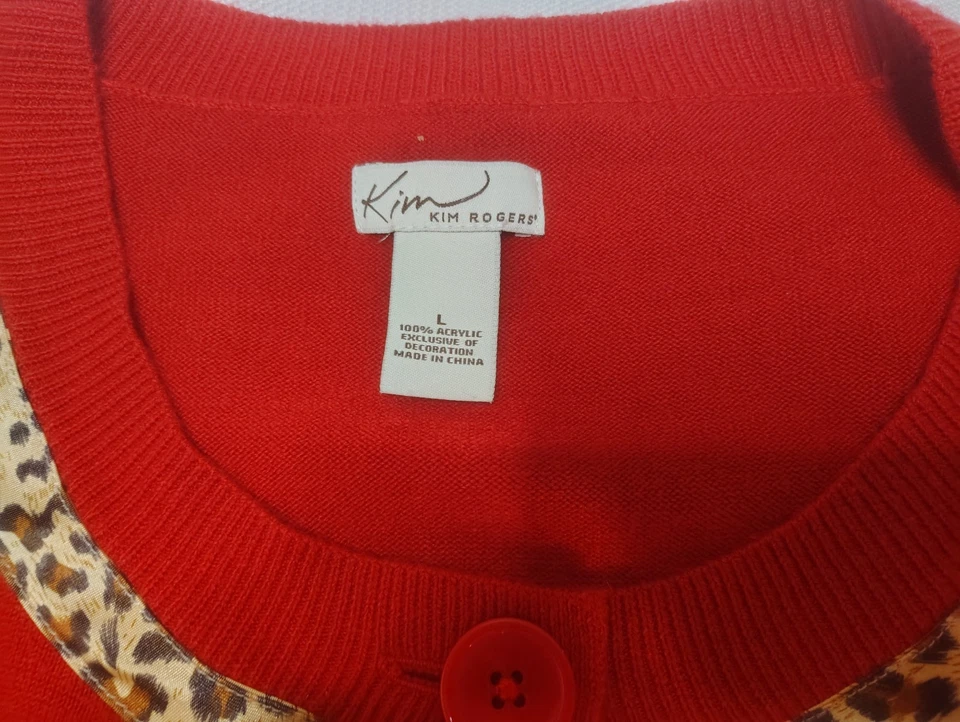 Kim Rogers sweater Cardigan Red Cheetah Trimmed 3/4 Sleeve Women's Size Large - Image 3 of 4