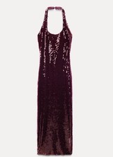Zara Womens Midi Dress Small Burgundy Red Sequin Halter Neckline 5063/806 NWT