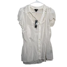 East 5th Blouse Women's Large White Lace Button Up Collared Short Sleeve Top NWT