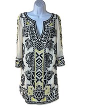 Alice + Olivia Lowell Embroidered Caftan Tunic Mini Dress Black Yellow Boho S