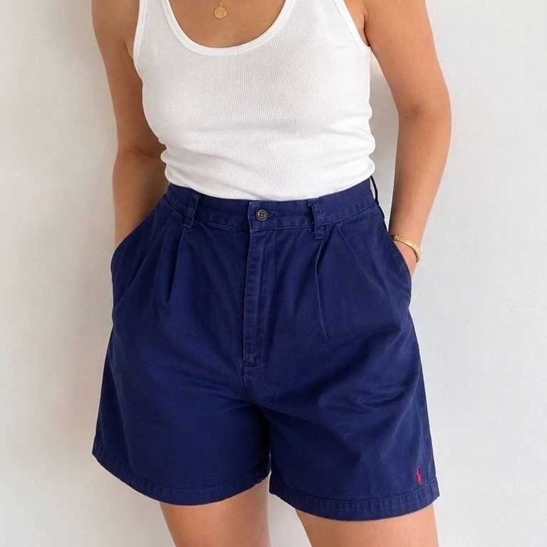 Vintage Ralph Lauren Polo Sport Shorts Women 6 Navy Pleated High Rise Bermuda