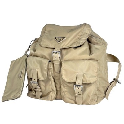 Prada Re-nylon Vela Medium Backpack with Pouch Beige Daypack Top Flap 1BZ811