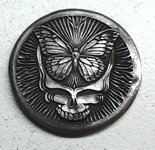 HOBO Grateful Dead Butterfly Skull Mushroom Made From A Buffalo Nickel SIGNED