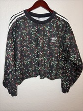 Adidas Originals Black Floral Long Sleeve Oversized Sweatshirt CROPPED, Size L